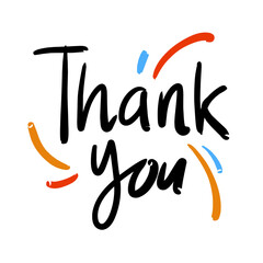 A simple and elegant hand lettered "Thank You" design, featuring black script text and decorative colorful brush strokes. Perfect for expressing gratitude and appreciation. © Husnayaini