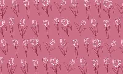 A hand drawn pattern of tulip flowers in dark pink lines on a soft pink background with a minimalist floral style.