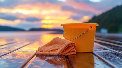 Yellow Bucket and Orange Cleaning Cloth on Wet Wooden Deck at Sunset