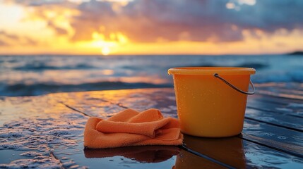 Yellow Bucket and Orange Cleaning Cloth on Wet Wooden Deck at Sunset