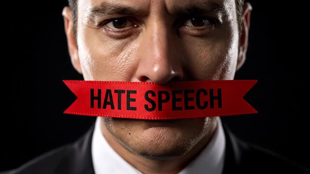 Distressed man portrait with a red ribbon printed with hate speech covering his mouth against black background, symbolizing censorship and freedom of speech.