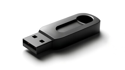 A sleek, black data storage device, rendered with soft lighting and a subtle shadow against a white background. It's a USB drive