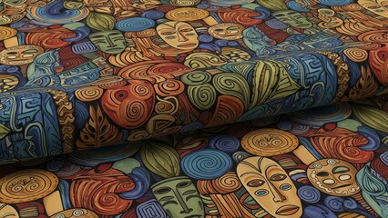 Vibrant abstract faces and shapes in a layered, colorful textile pattern