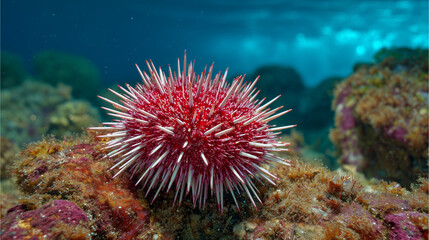 Obraz premium Red sea urchin clinging to coral rock underwater, sharp spines radiating in macro detail, vibrant marine wildlife scene from a tropical reef ecosystem.