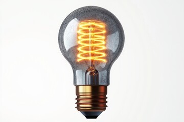 Close-up of a glowing spiral filament inside a clear glass light bulb with a metal screw base, warm amber glow on white background conveying inspiration and cozy warmth