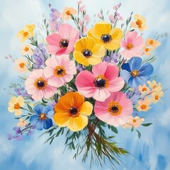 A cheerful hand-painted bouquet of pink, yellow, blue, orange and purple flowers with green stems and delicate filler blooms against a soft sky blue background, fresh and joyful
