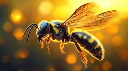 Close-up of a hovering yellow and black wasp with translucent glowing wings against warm golden bokeh, vibrant and intense mood