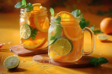 Two mason jar drinks filled with orange and lime slices, fresh mint and ice on wooden boards, bright yellow background conveying a refreshing sunny summer mood