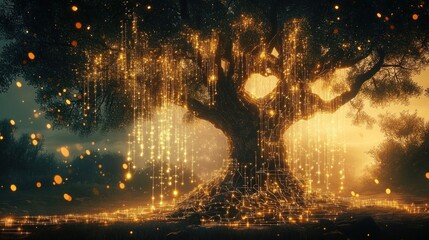 Ancient tree draped in cascading golden lights and drifting sparkles in a misty twilight meadow, evoking awe and serene magic