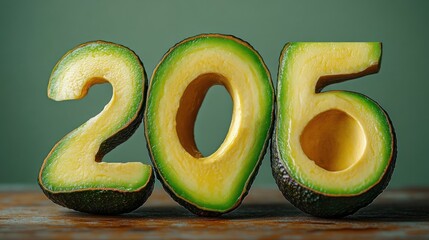 playful fresh avocados carved into the numbers 205 on a wooden table against a soft green background, bright ripe texture and whimsical still life mood