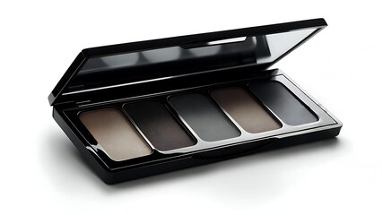 A sleek, black eyeshadow palette with a mirror, containing five shades of neutral eyeshadows, angled on a white surface