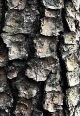 Close-up of rugged, flaky tree bark with deep fissures, moss and lichen in earthy tones, evoking an ancient, resilient natural texture