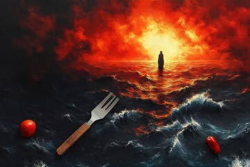 solitary hooded figure walking on a stormy sea toward a fiery glowing horizon, dramatic waves with a large wooden-handled fork, a tomato and a chili pepper floating, eerie and apocalyptic