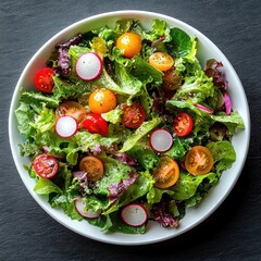 Bright fresh mixed green salad with red and yellow cherry tomatoes, sliced radishes and cracked black pepper in a white bowl, vibrant and appetizing