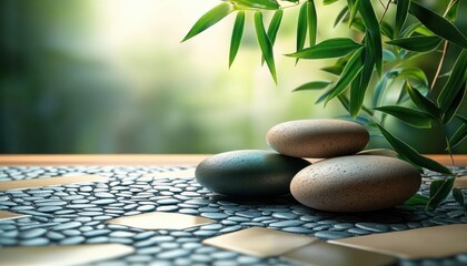 Three smooth stacked pebbles on a pebble mosaic mat beneath overhanging bamboo leaves in soft morning light, evoking calm serenity and spa-like relaxation