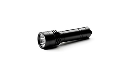 A sleek, black flashlight rests diagonally against a stark white backdrop, showcasing its textured body and bright lens