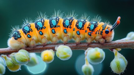 vibrant orange and turquoise spotted fuzzy caterpillar crawling along a twig with small buds, serene macro close-up showing fine hairs and delicate textures