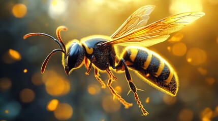 Close-up of a single hovering yellow and black wasp backlit by warm golden sunlight with translucent wings, fine hairs and glowing bokeh, evoking awe and intensity