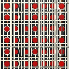 Cream lattice grid of intersecting bars with repeating red circles on a dark background, forming a rhythmic, precise and slightly hypnotic geometric pattern