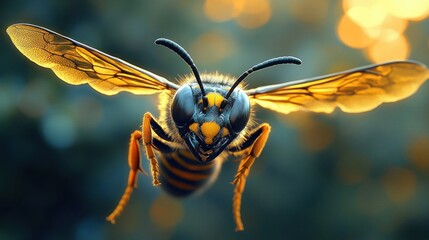 close-up frontal view of a yellow and black wasp in flight with spread translucent wings, detailed compound eyes, antennae and legs, intense menacing stare against warm bokeh lights