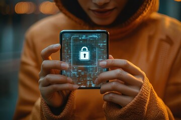 person in orange hoodie holding smartphone displaying glowing padlock and circuit interface, focused and cautious mood suggesting digital privacy and security