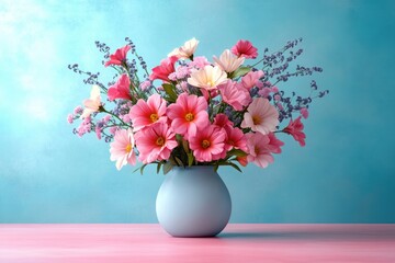 Cheerful bouquet of pink blossoms and purple sprigs in a round pale blue vase on a pink tabletop against a soft turquoise background, bright and serene