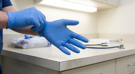 A medical professional putting on blue latex gloves in a clinic