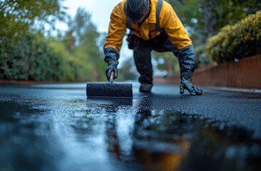 Worker in yellow jacket kneeling and rolling black sealant onto wet driveway with gloved hands, focused and determined, reflective pavement and blurred green hedges in background