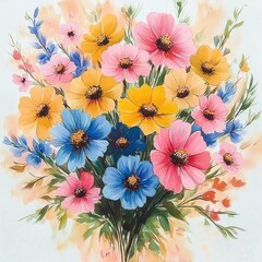 Vibrant bouquet of pink, yellow, blue and orange wildflowers in watercolor with lush green foliage and soft pastel background, cheerful and joyful spring floral arrangement