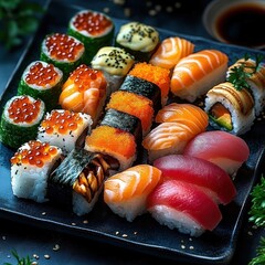 Assorted fresh sushi platter with salmon and tuna nigiri, ikura and tobiko gunkan, avocado and eel maki rolls on a black plate with sesame and soy, vibrant and appetizing