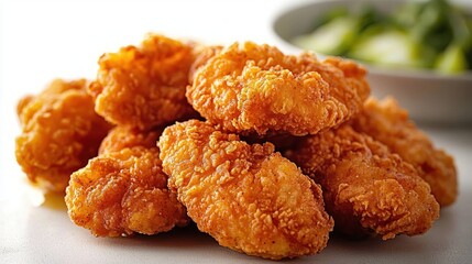 pile of crispy golden fried chicken nuggets with a blurred bowl of cucumber pickles in the background, appetizing and crunchy comfort snack