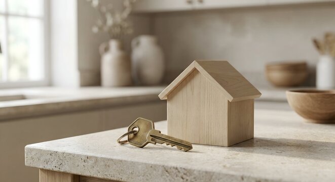 A small wooden house model with keys on a kitchen countertop