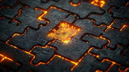 Glowing microchip embedded in dark interlocking metal puzzle with molten orange circuitry, futuristic high-tech and mysterious energy
