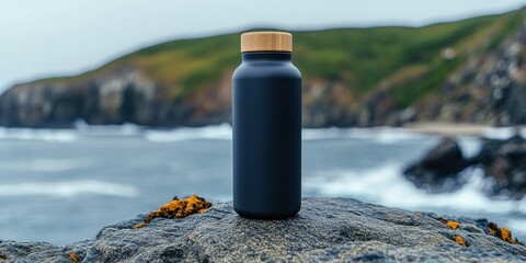 matte navy reusable bottle with wooden cap on lichen-covered coastal rock overlooking choppy sea and green cliffs, serene and adventurous mood