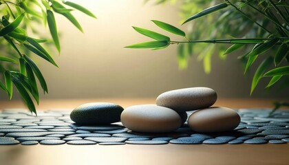 smooth stacked spa stones on a black pebble mat framed by bamboo leaves in warm soft light, calm and serene atmosphere