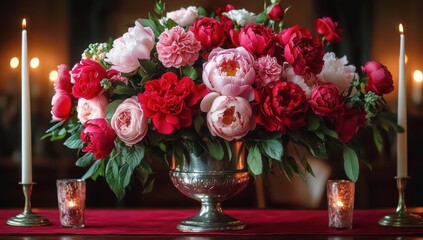 Elegant silver urn centerpiece filled with lush pink and red peonies, roses, and carnations on a red velvet runner, flanked by lit taper and votive candles, romantic warm glow
