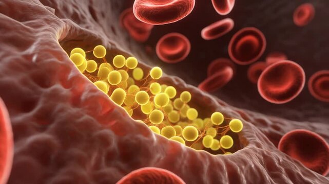 Microscopic view of red blood cells and platelets aggregating at a wound site