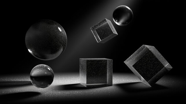 暗闇の中で光を反射し浮遊する半透明なガラスの球体と立方体の抽象的な3Dレンダリング