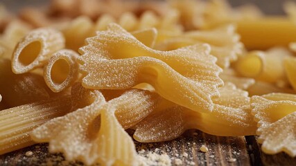 Closeup view of various uncooked dry pasta shapes including farfalle and penne scattered on a rustic wooden table lightly dusted with flour highlighting the raw ingredients for Italian cuisine and ho. - Powered by Adobe