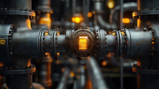 close-up of industrial steel pipes and flanged joints with bolts centered on a circular inspection port glowing warm orange, moody high-tech factory atmosphere