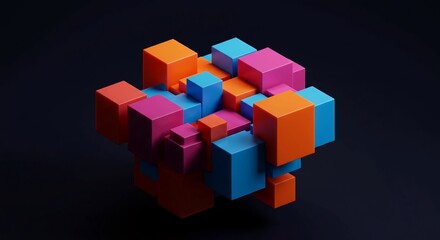 Obraz premium Vibrant 3D cubes in orange, pink, and blue on dark background