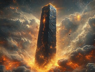 Towering dark stone monolith rising from fiery glowing clouds with embers and ash, dramatic apocalyptic and awe-inspiring atmosphere