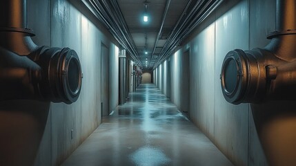 Symmetrical industrial basement corridor with overhead pipes, large pipe fittings in foreground, concrete walls, metal doors and reflective wet floor under cold blue lights, eerie and foreboding