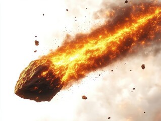 Fiery asteroid streaking through the sky with blazing molten trail and scattered rocky debris, dramatic catastrophic motion and intense heat