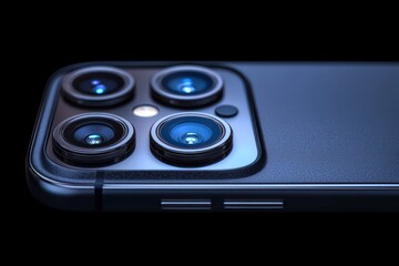 close-up of a sleek modern smartphone camera module with three large lenses, small sensor, led flash, metallic frame and textured back conveying a premium high-tech mood