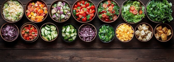 top view of bowls filled with fresh salad ingredients: cherry tomatoes, cucumber, mixed greens, arugula, corn, red cabbage, diced peppers, roasted potatoes and grains — bright and inviting