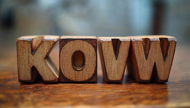 close-up of wooden letter blocks spelling k o v w on a warm wooden surface with shallow depth of field evoking a cozy nostalgic vintage mood
