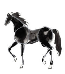 水墨技法で描いた歩く黒い馬