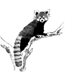 水墨技法で描いた木の上のレッサーパンダ