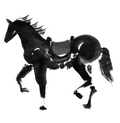 水墨技法で描いた鞍を載せた黒い馬